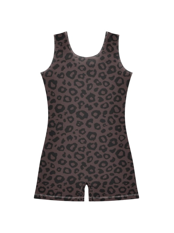 Dark Brown Leopard Pattern Girls Leotards Gymnastics Tumbling Outfit Biketard Unitard 7-8Years