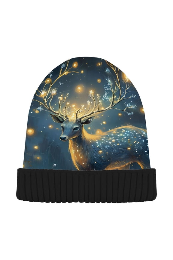 Deer Magic Night Beanie Hats Cuffed Winter Warm Knit Thick Beanies