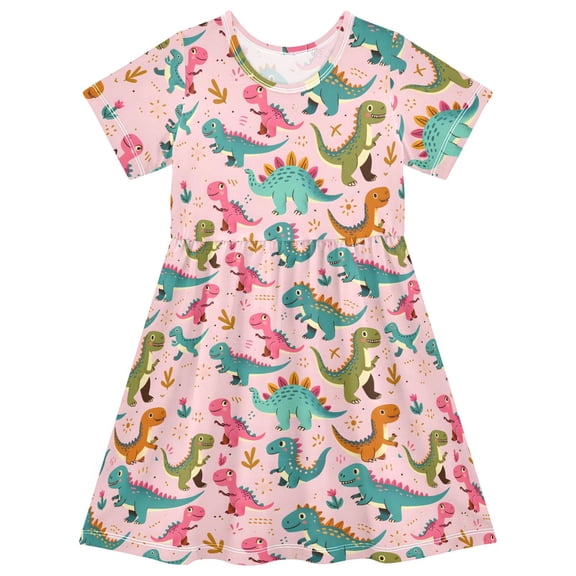 joogoo Dinosaur Cartoon Girls' Short Sleeve Dress Kids Dresses 5-6T
