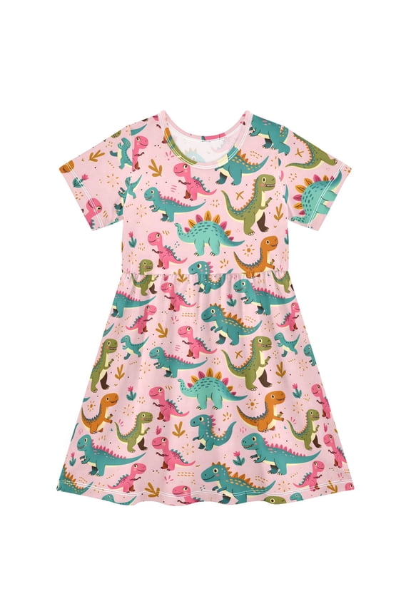 Dinosaur Cartoon Girls' Short Sleeve Dress Kids Dresses 5-6T