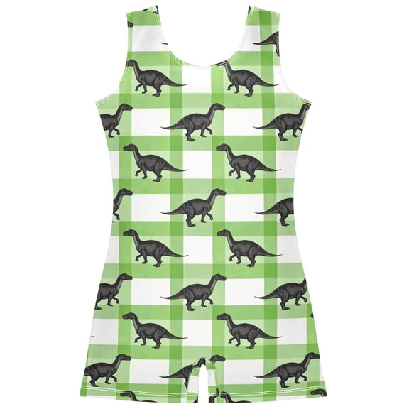 joogoo Dinosaur on Checkered Pattern Girls Leotards Gymnastics Tumbling Outfit Biketard Unitard 3-4Years