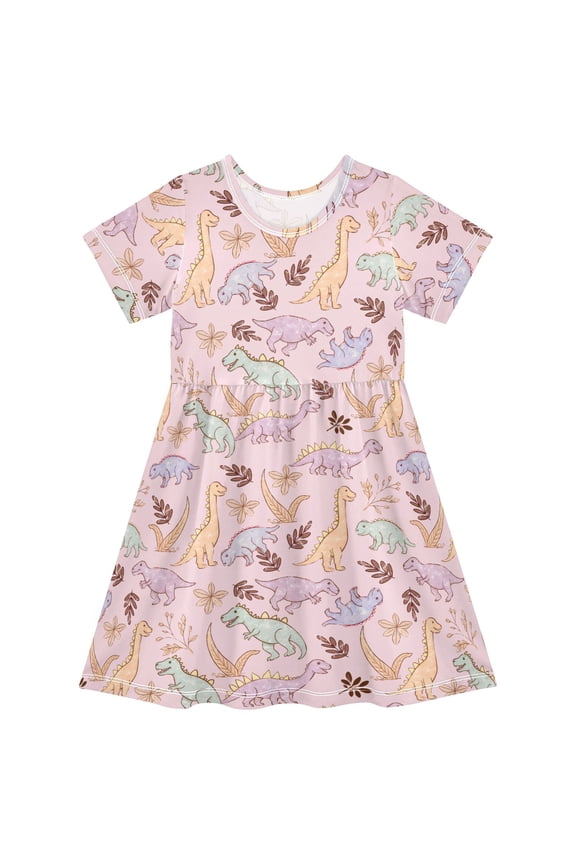 Dinosaurs Cartoon Girls' Short Sleeve Dress Kids Dresses 5-6T