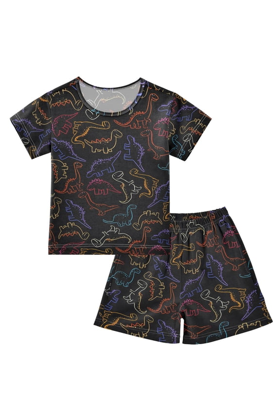 Dinosaurs Neon Pattern Pajama Sets Short Sleeve Cotton 2-Piece Sleepwear 10Y