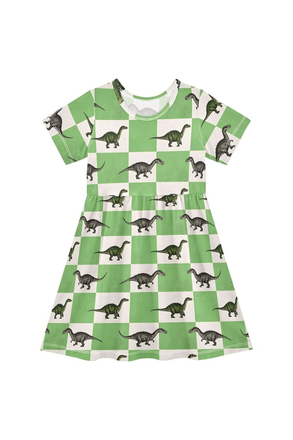 Dinosaurs in Checkered Girls' Short Sleeve Dress Kids Dresses 5-6T