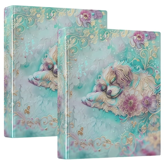 joogoo Dog Sleeping in Flowers Hardcover 3 Ring Binder 1.5" Round Rings Interior Pockets Binders Organizer 2 Pack