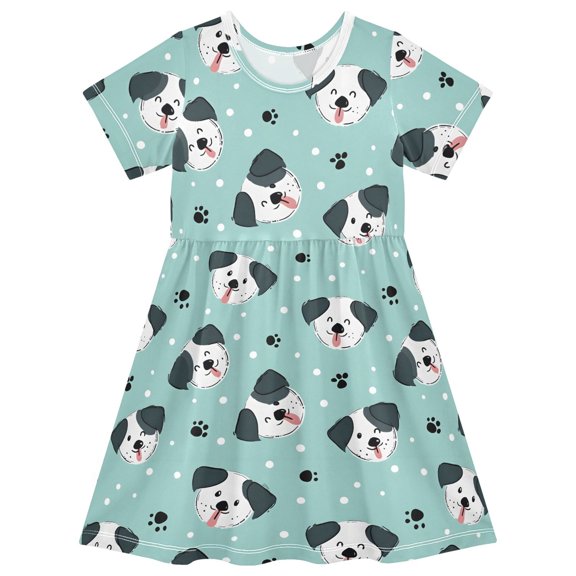 joogoo Dogs Dots Footprint Girls' Short Sleeve Dress Kids Dresses 5-6T