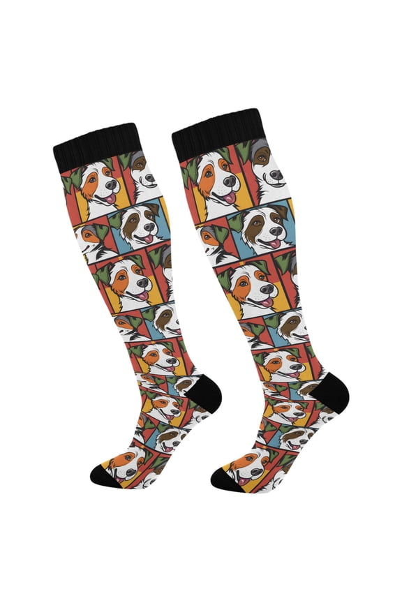 Dogs on Checkered Socks Women Men Knee High Sock