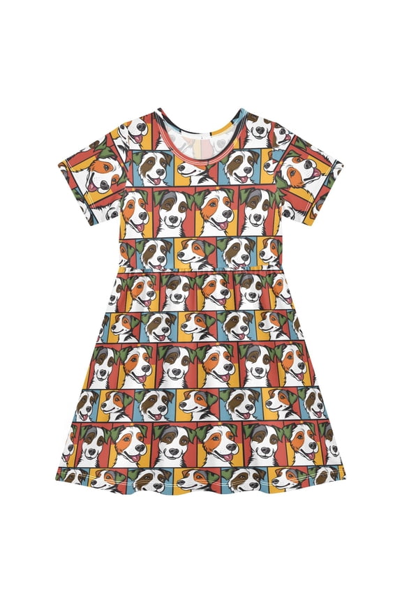 Dogs on Checkered Girls' Short Sleeve Dress Kids Dresses 5-6T