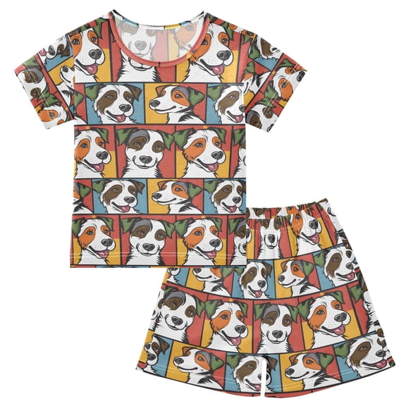 joogoo Dogs on Checkered Pattern Pajama Sets Short Sleeve Cotton 2-Piece Sleepwear 10Y