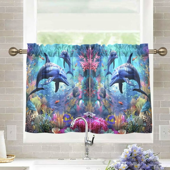 joogoo Dolphin under Sea Curtains Sets Half Window Cafe Farmhouse Tier 2 Panels Short Curtain Rod Pocket 27"W x 36"L