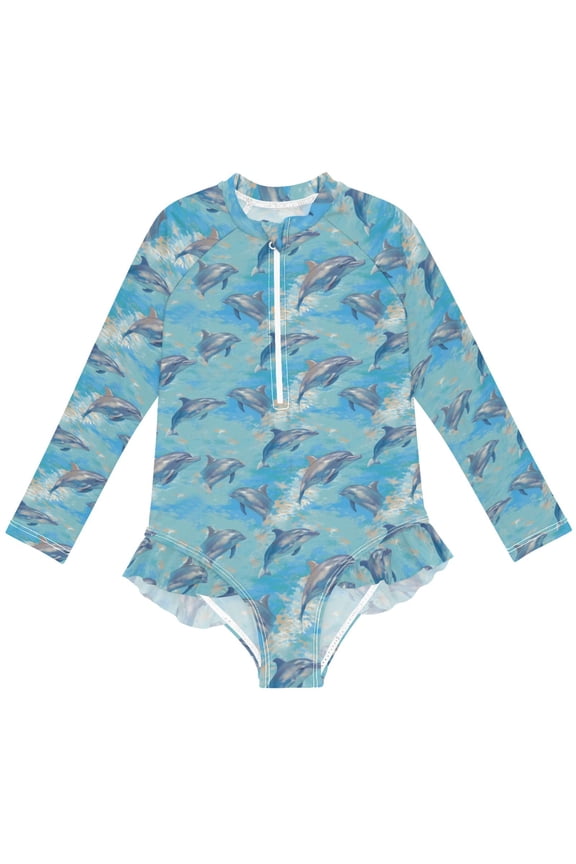 Dolphins in Water Pattern Girls One-Piece Swimsuits UPF 50+ Long Sleeve Rash Guard Bathing Suit 5-6 Years