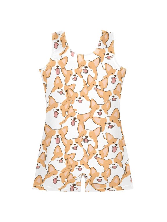 Doodle Corgi Dogs Pattern Girls Leotards Gymnastics Tumbling Outfit Biketard Unitard 7-8Years