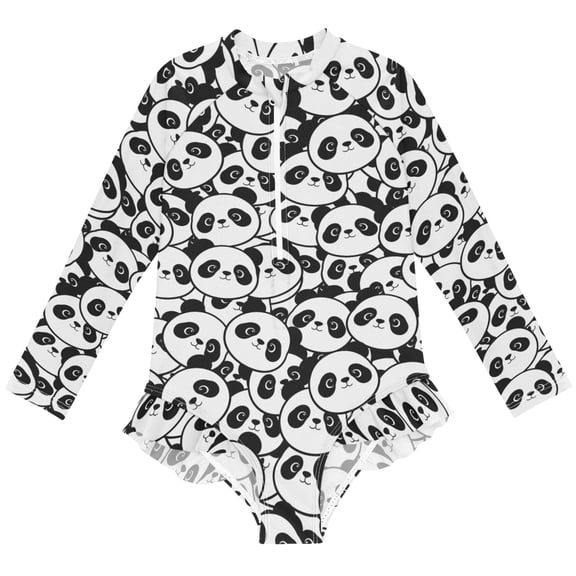 joogoo Doodle Pandas Pattern Girls One-Piece Swimsuits UPF 50+ Long Sleeve Rash Guard Bathing Suit 4 Years