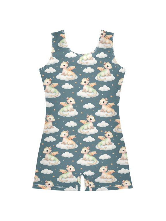 Dragon on Cloud Pattern Girls Leotards Gymnastics Tumbling Outfit Biketard Unitard 5-6Years