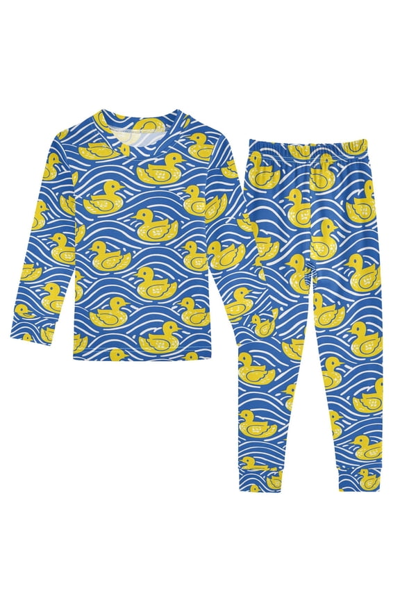 Ducks on Wavy 2 Piece Long Sleeve Tee and Pants Cotton Pajama Set 8Y