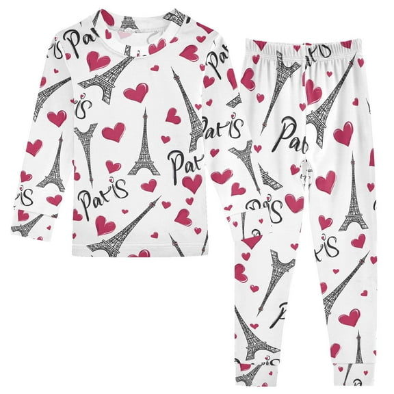joogoo Eiffel Tower and Hearts 2 Piece Long Sleeve Tee and Pants Cotton Pajama Set 5Y