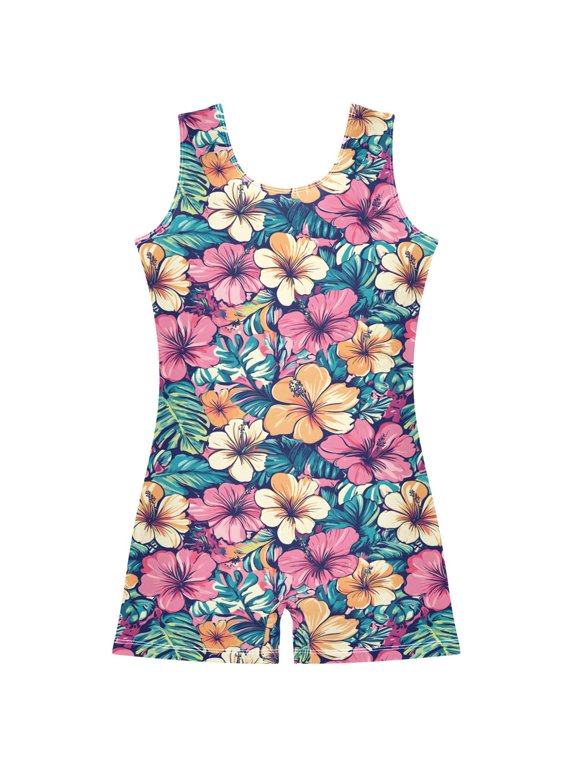 Elegant Tropical Flower-t6 Pattern Girls Leotards Gymnastics Tumbling Outfit Biketard Unitard 7-8Years
