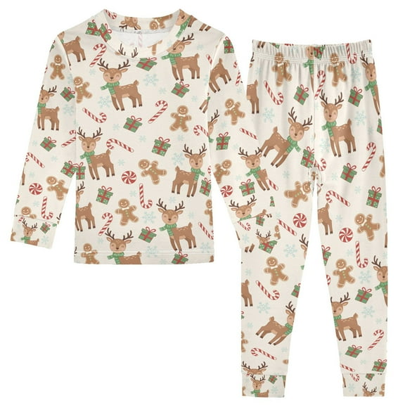 joogoo Elk Candy Cane Reindeers Pajamas Set Long Sleeve Soft Cotton Sleepwear 2 Piece 24M