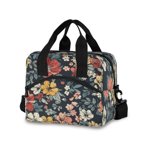 joogoo Ethnic Flowers Paint Insulated Lunch Bags Reusable Cooler Box with Shoulder Strap