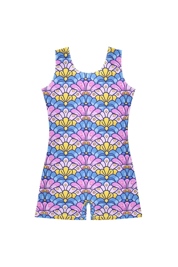Fantasy Mermaid Scale Floral Pattern Girls Leotards Gymnastics Tumbling Outfit Biketard Unitard 7-8Years