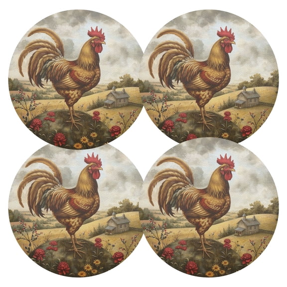 joogoo Farmhouse Rooster Flowers Round Plate Mats for Dining Table Placemat Set of 4 Holiday Decoration