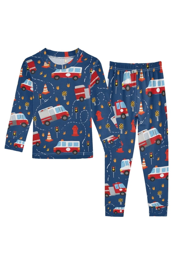 Fire Trucks Cartoon 2 Piece Long Sleeve Tee and Pants Cotton Pajama Set 6Y