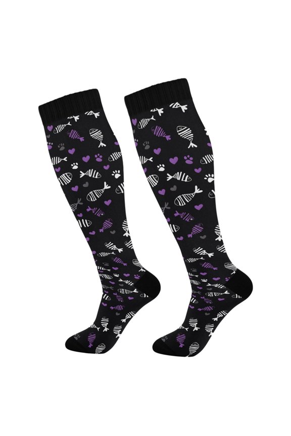 Fish Bone Hearts Long Socks Women Men Knee High Sock