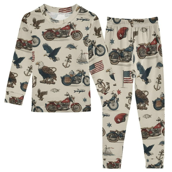 joogoo Flag Eagle Motorcycles Anchors 2 Piece Long Sleeve Tee and Pants Cotton Pajama Set 5Y
