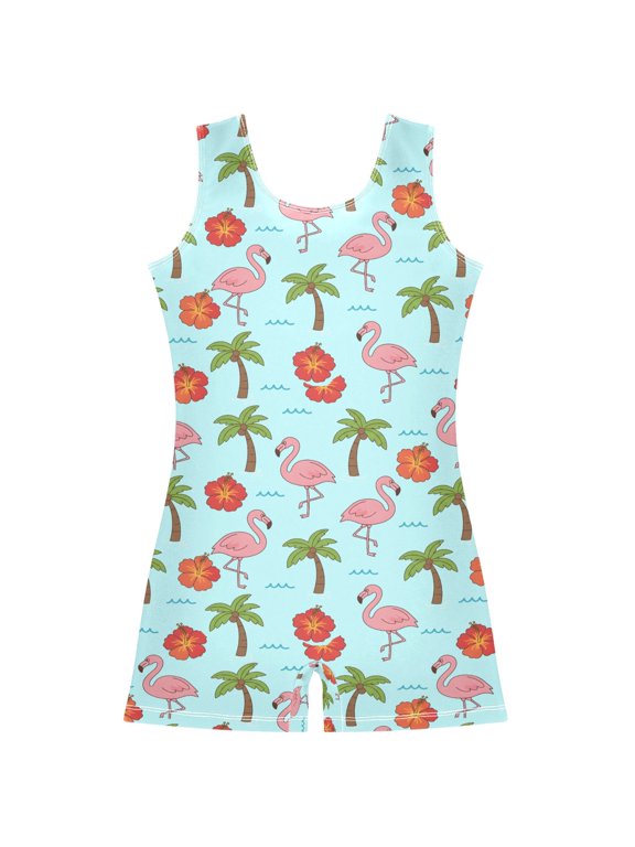 Flamingo Coconut Tree Pattern Girls Leotards Gymnastics Tumbling Outfit Biketard Unitard 5-6Years