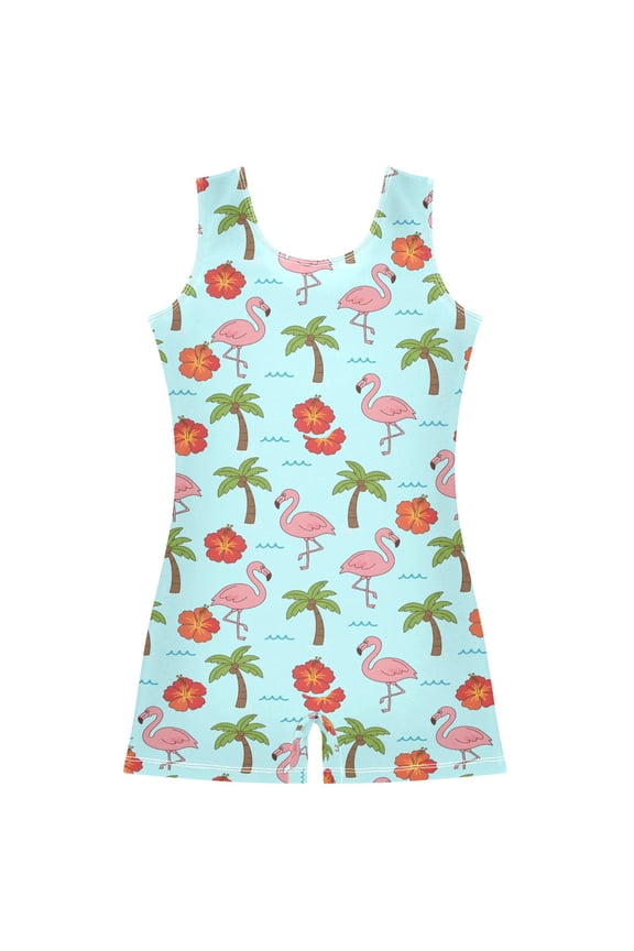 Flamingo Coconut Tree Pattern Girls Leotards Gymnastics Tumbling Outfit Biketard Unitard 7-8Years