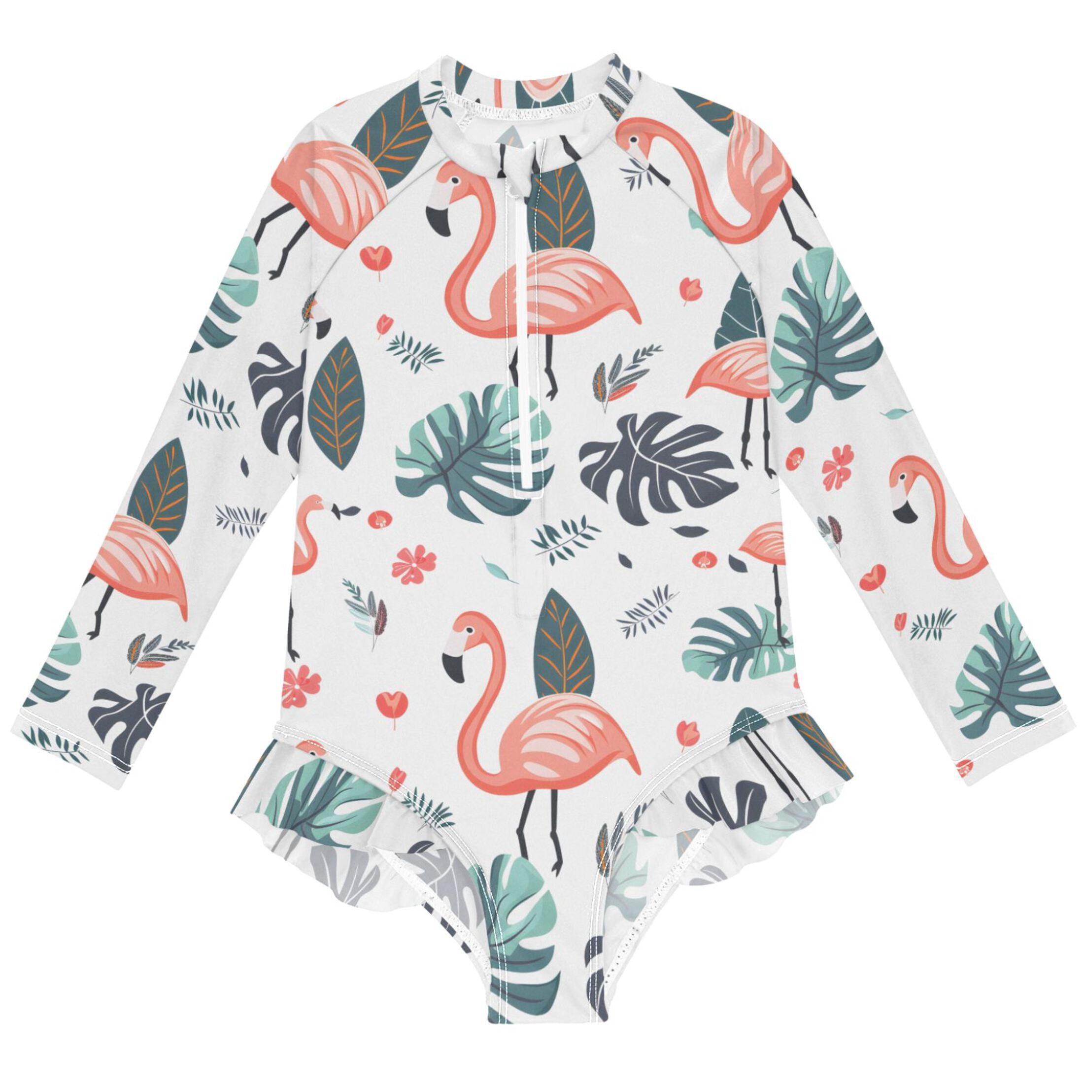 joogoo Flamingo Palm Leave Pattern Girls One-Piece Swimsuits UPF 50 ...