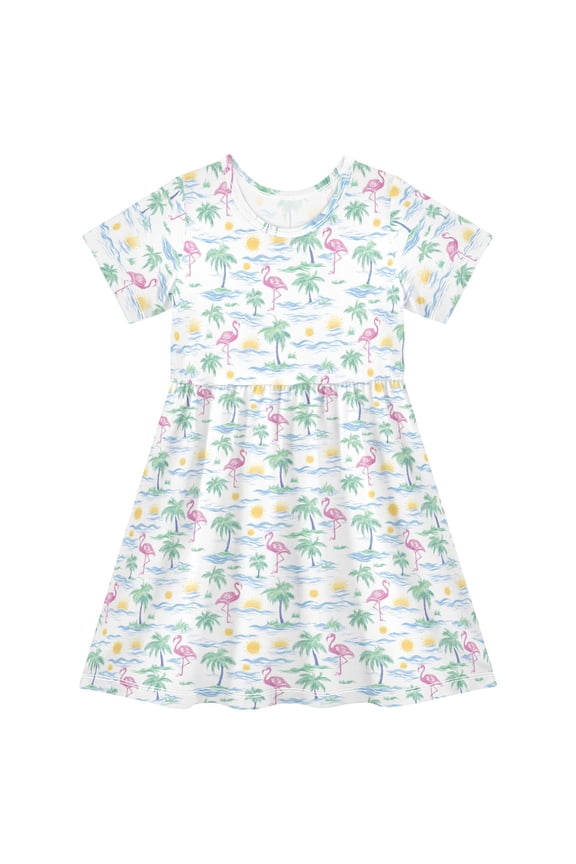 Flamingo Palm Tree Sun Girls' Short Sleeve Dress Kids Dresses 2T