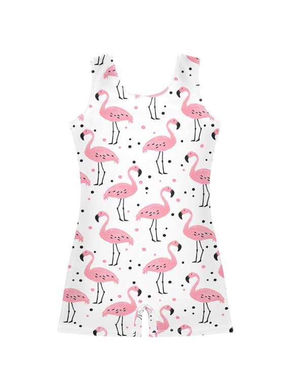 Flamingo Polka Dots Pattern Girls Leotards Gymnastics Tumbling Outfit Biketard Unitard 5-6Years