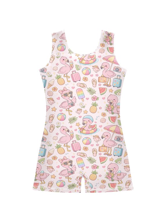 Flamingo Summer Beach Pattern Girls Leotards Gymnastics Tumbling Outfit Biketard Unitard 5-6Years