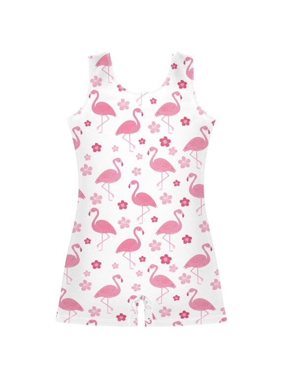 Flamingo and Floral Pattern Girls Leotards Gymnastics Tumbling Outfit Biketard Unitard 3-4Years