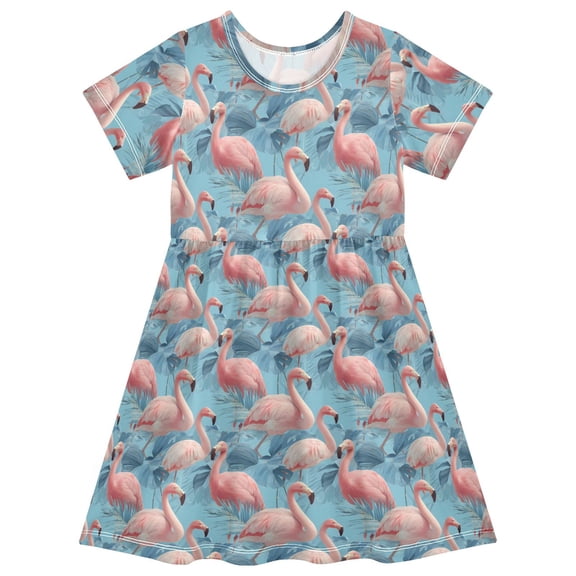 joogoo Flamingo on Blue Leave Girls' Short Sleeve Dress Kids Dresses 5-6T