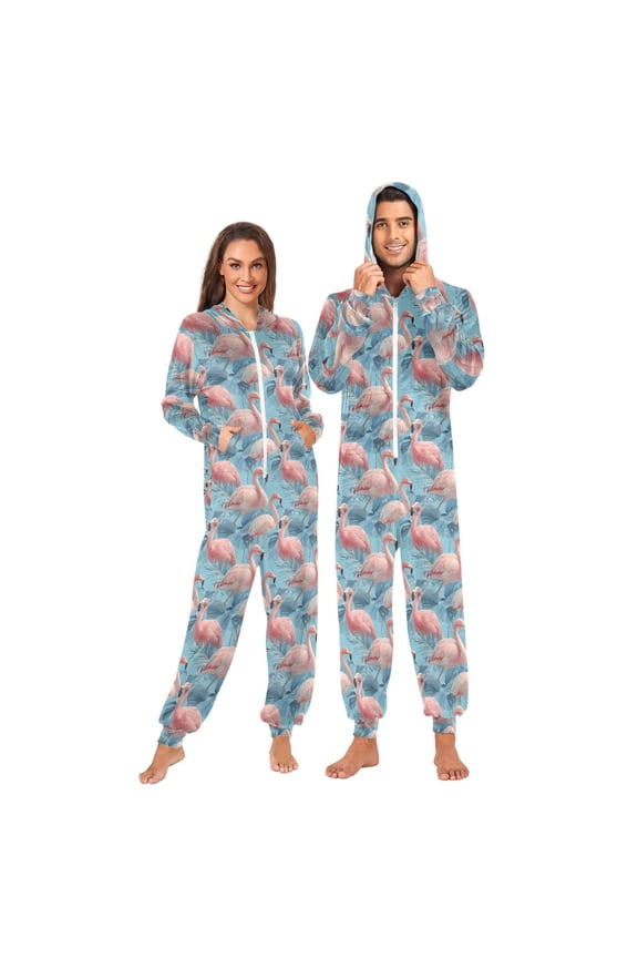 Flamingo on Blue Leave Unisex Adults Onesies Pajamas Jumpsuits XL