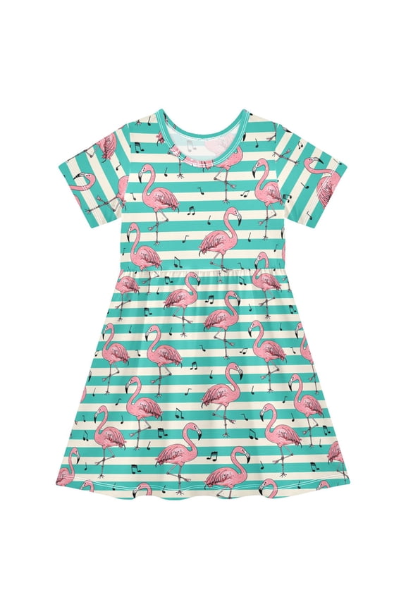 Flamingo on Stripes Girls' Short Sleeve Dress Kids Dresses 4T