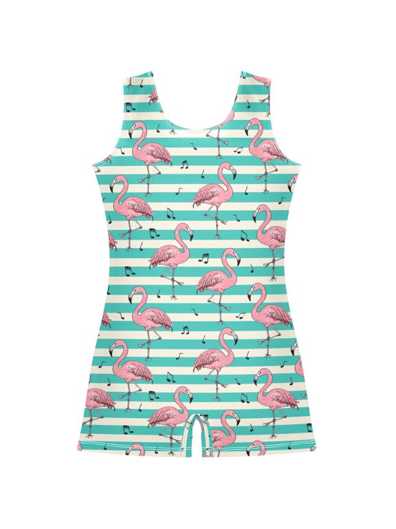 Flamingo on Stripes Pattern Girls Leotards Gymnastics Tumbling Outfit Biketard Unitard 9-10Years