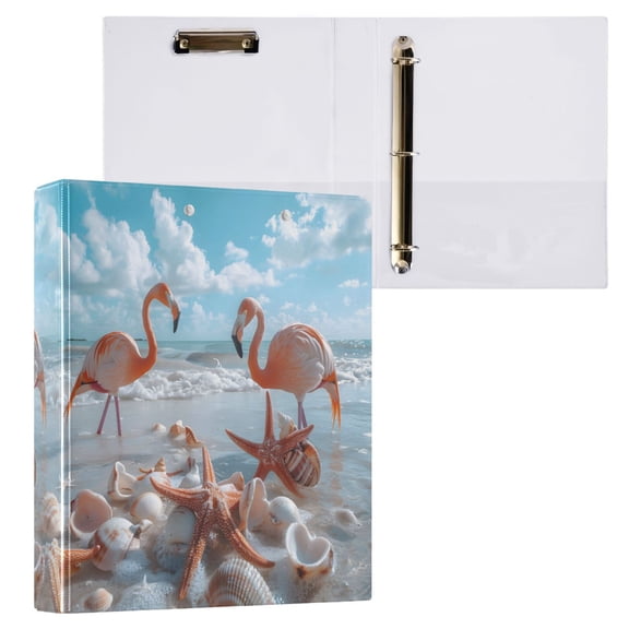 joogoo Flamingos Starfish Shells on Beach Hardcover 3 Ring Binder 1.5" Round Rings Interior Pockets Binders Organizer 1 Pack