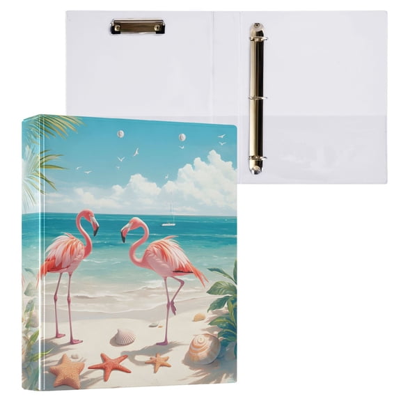 joogoo Flamingos and Starfish Shells on Beach Hardcover 3 Ring Binder 1.5" Round Rings Interior Pockets Binders Organizer 1 Pack