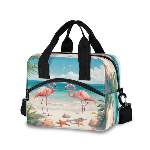 joogoo Flamingos and Starfish Shells on Beach Insulated Lunch Bags Reusable Cooler Box with Shoulder Strap