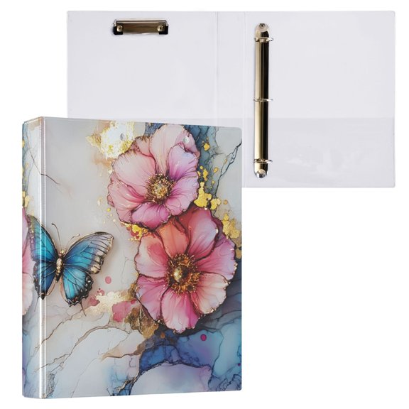 joogoo Flower Butterfly on Marble Hardcover 3 Ring Binder 1.5" Round Rings Interior Pockets Binders Organizer 1 Pack
