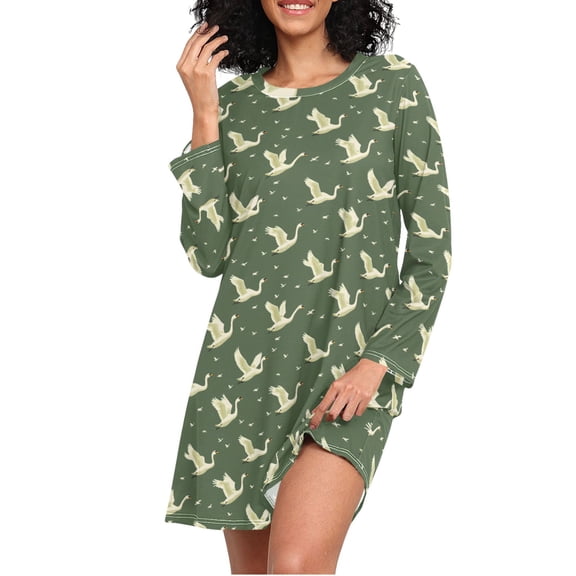 joogoo Flying Swans Green Women's Long Sleeve Nightgown Sleepwear M