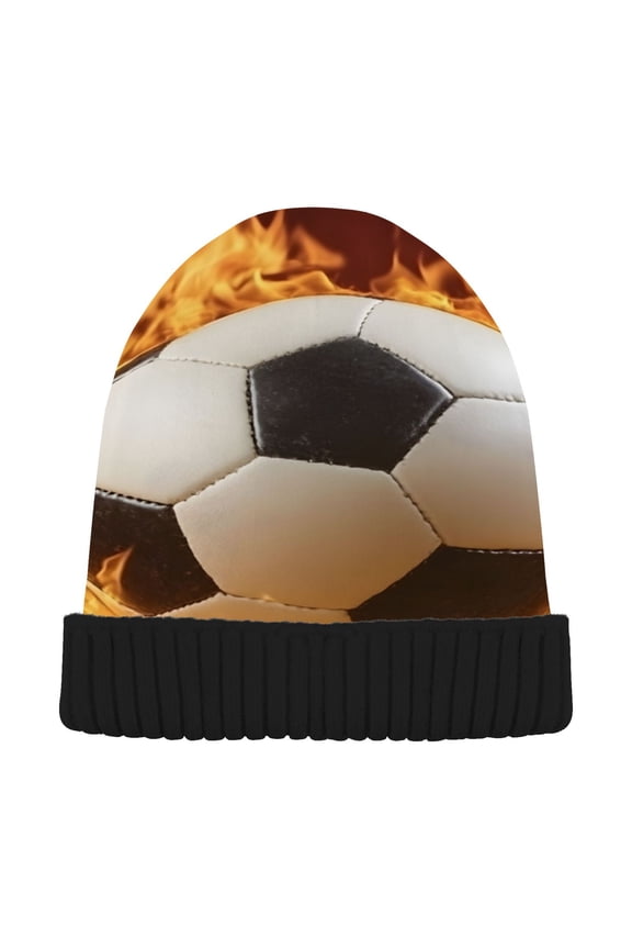 Football in Fire Beanie Hats Cuffed Winter Warm Knit Thick Beanies