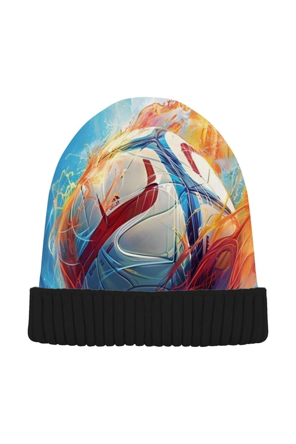 Football with Fire Beanie Hats Men Women Cuffed Skull Cap Winter Warm Knit Thick Beanies