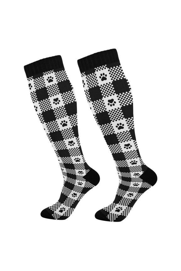 Footprint with Checkered Socks Women Men Knee High Sock