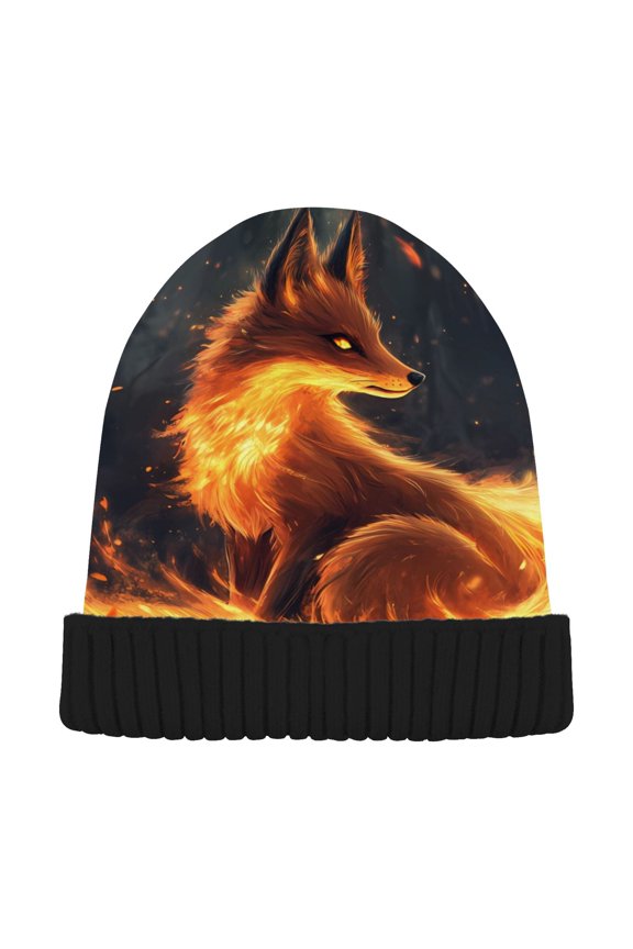 Fox Fire Forest Beanie Hats Cuffed Winter Warm Knit Thick Beanies
