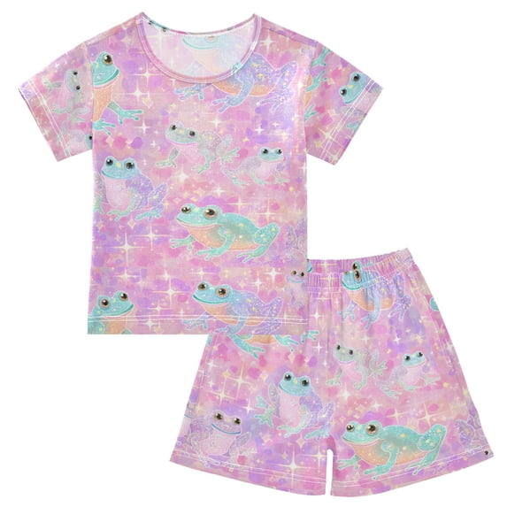 joogoo Frog Glitter Star Pattern Pajama Sets Short Sleeve Cotton 2-Piece Sleepwear 12Y