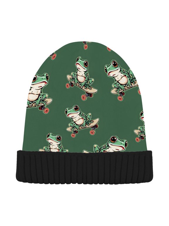 Frog on Skateboard Beanie Hats Cuffed Winter Warm Knit Thick Beanies